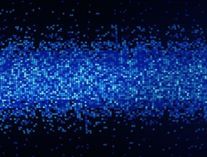 Abstract blue mosaic background with small squares fading from dark to bright blue on a black grid, techy abstract pattern.